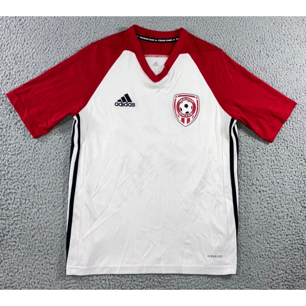 Adidas Soccer Jersey Youth L White Red Milton Soccer SIA 40 Aeroready Shirt